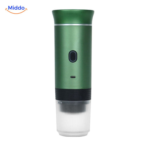 White portable espresso machine ideal for travel and on-the-go brewing.
