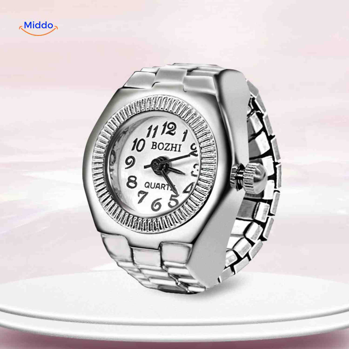 White round ring watch with adjustable fit and clean design.