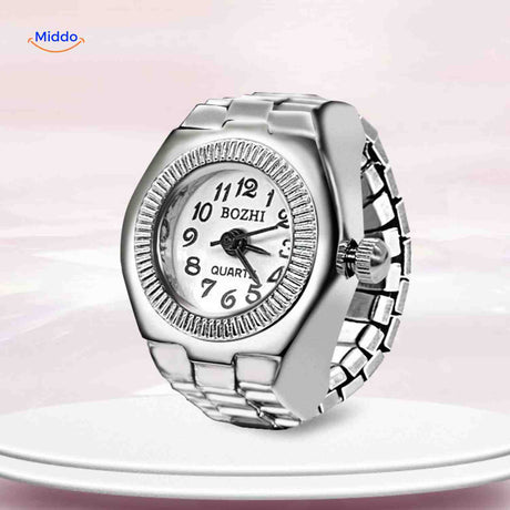 White round ring watch with adjustable fit and clean design.