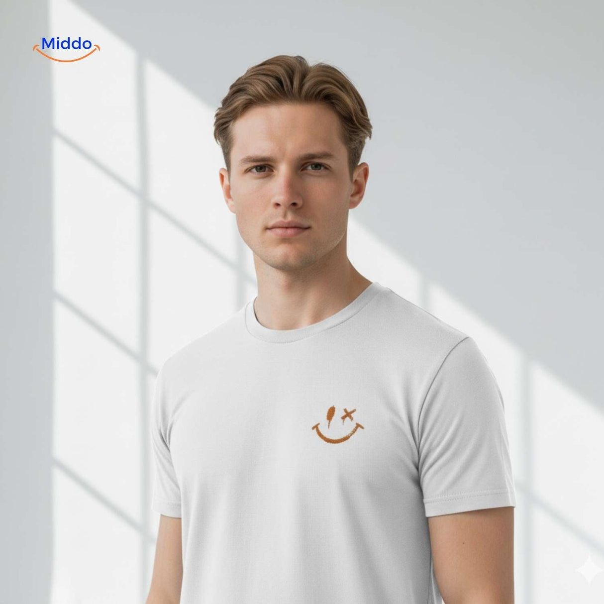 Close-up of smiley print on white breathable cotton t-shirt.