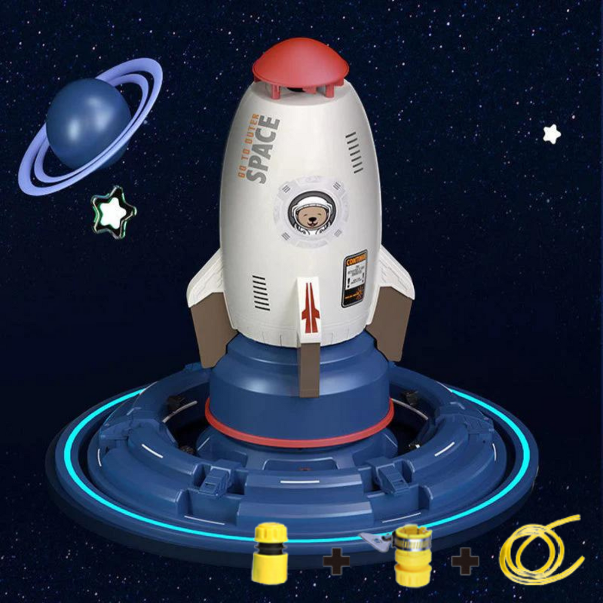 White space rocket SplashRocket sprinkler for summer water play.