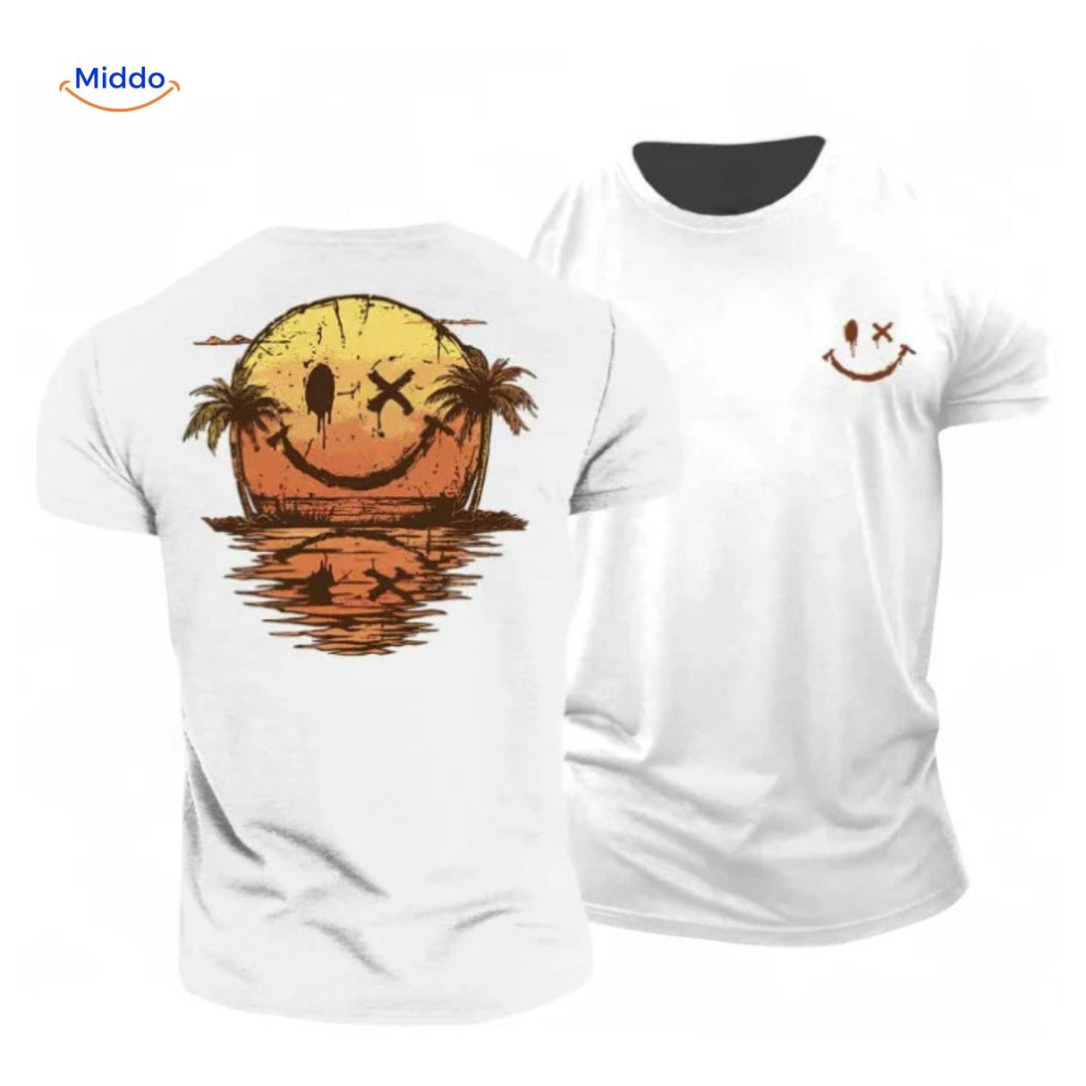 White cotton t-shirt with sunset smiley print graphic.