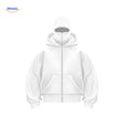 Front view of white AutumnBliss double-hood cotton unisex hoodie.