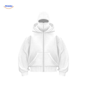 Front view of white AutumnBliss double-hood cotton unisex hoodie.