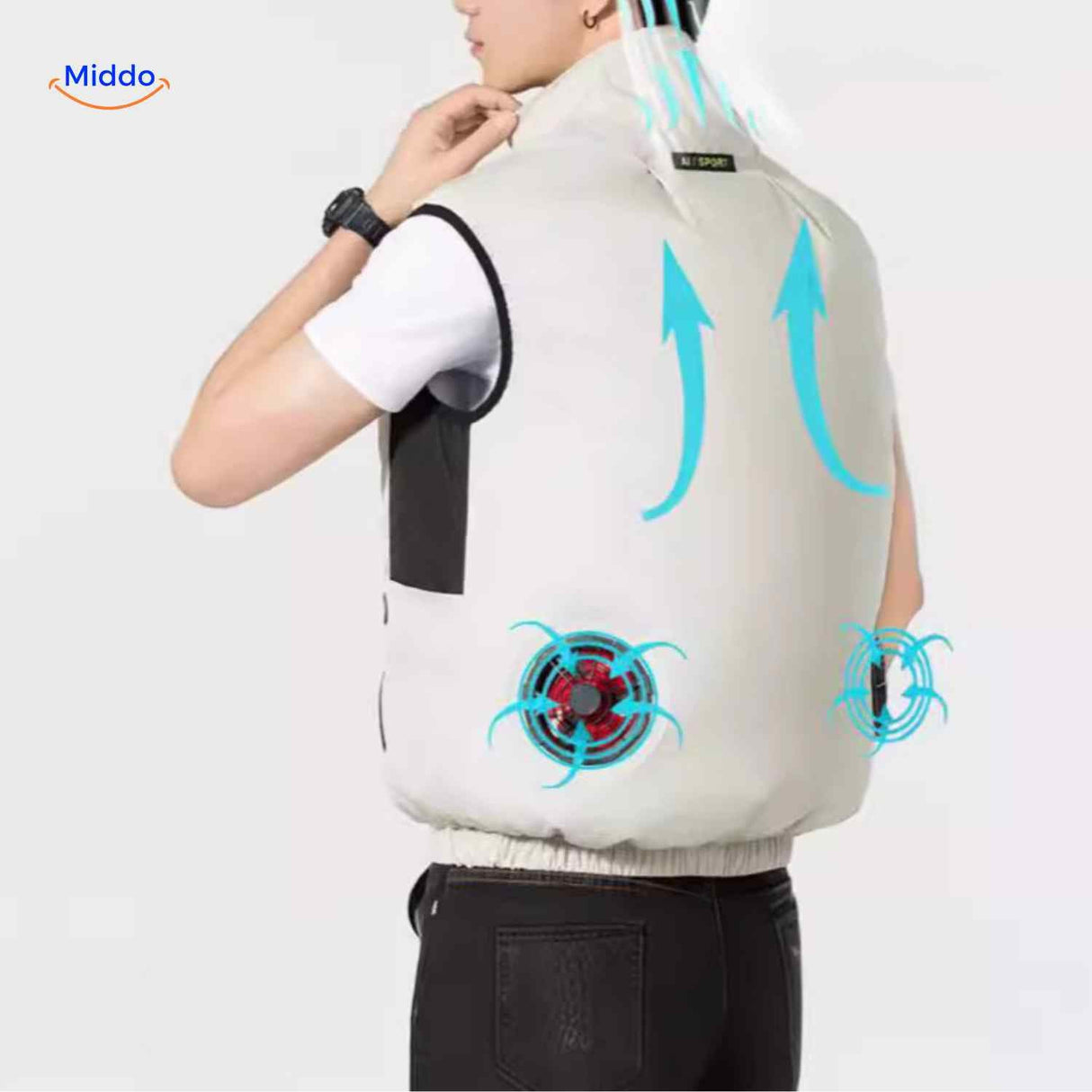 White cooling vest rear view featuring airflow cooling fans and ventilation technology.