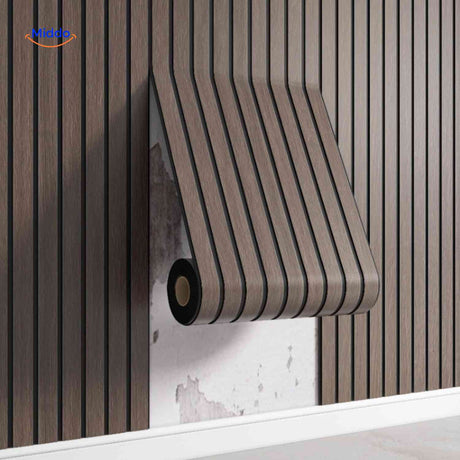 White wood-look 3D slat wall panel roll showing realistic grain texture.