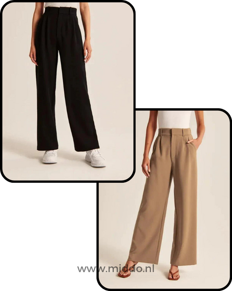 Wide-leg trousers collection in black and brown showing color variety options.
