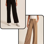 Wide-leg trousers collection in black and brown showing color variety options.