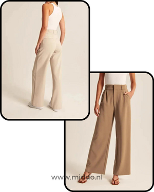 Wide-leg trousers available in cream and brown with versatile neutral palette.