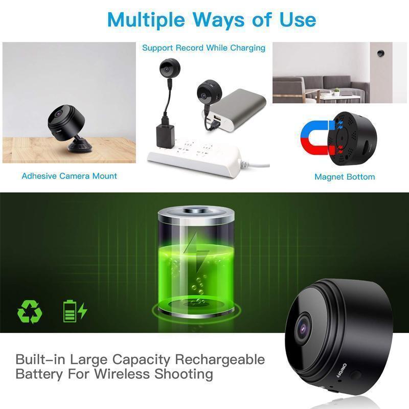 Mini WiFi camera next to hand showing the ultra-compact portable design for flexible placement.