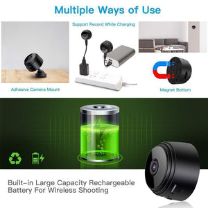 Mini WiFi camera next to hand showing the ultra-compact portable design for flexible placement.