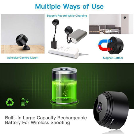 Mini WiFi camera next to hand showing the ultra-compact portable design for flexible placement.