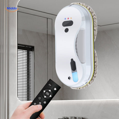 Window cleaning robot with rotating disc technology for intensive glass cleaning.