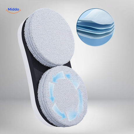 Window cleaning robot with rotating discs for deep-cleaning glass surfaces.