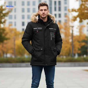 Black windproof men's winter parka with hood and reflective stripe.