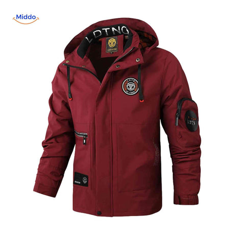Wind-resistant men's outdoor jacket with hood and hand pockets.