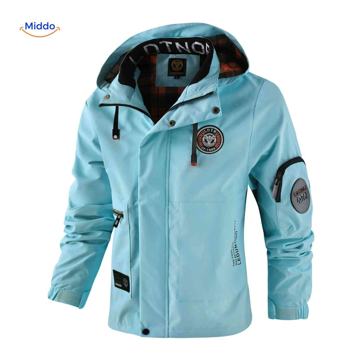 Wind-resistant men's outdoor jacket with hood and zip pockets.