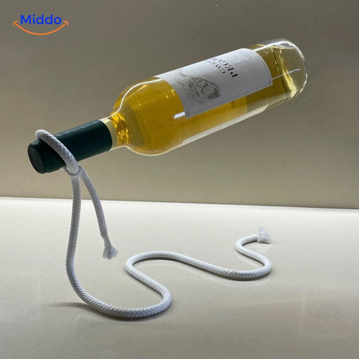 Wine holder displayed with rope suspension system.