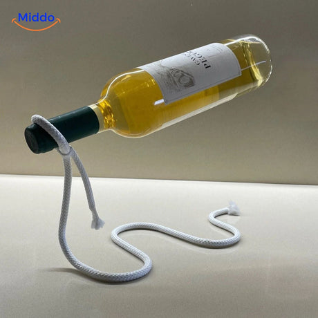 Wine holder displayed with rope suspension system.