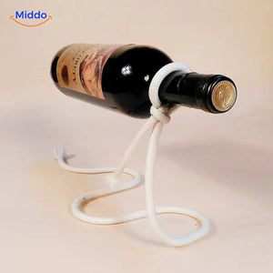 Suspended wine holder with natural rope design.