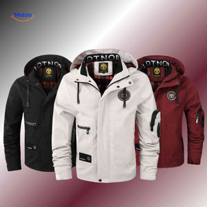 Men's winter jacket set in black, white, and red with hoods.