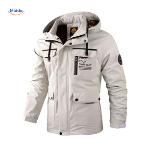 Waterproof men's winter jacket with hood and chest pocket.