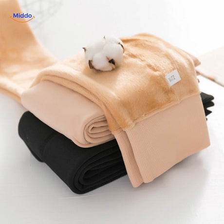 Close-up back view of thermal fleece-lined tights highlighting construction quality.