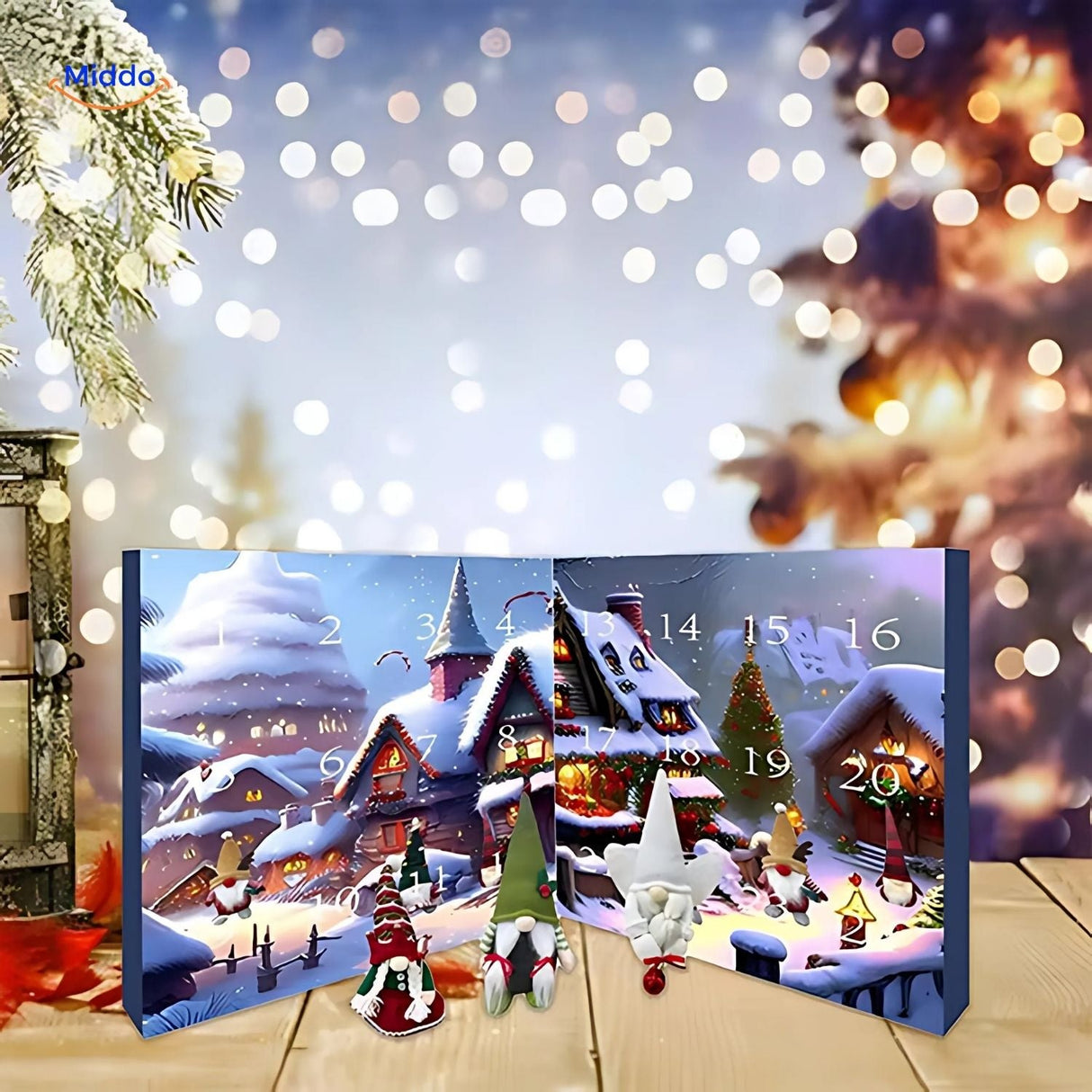Winter-themed advent calendar with tiny decorative figures and gnomes.