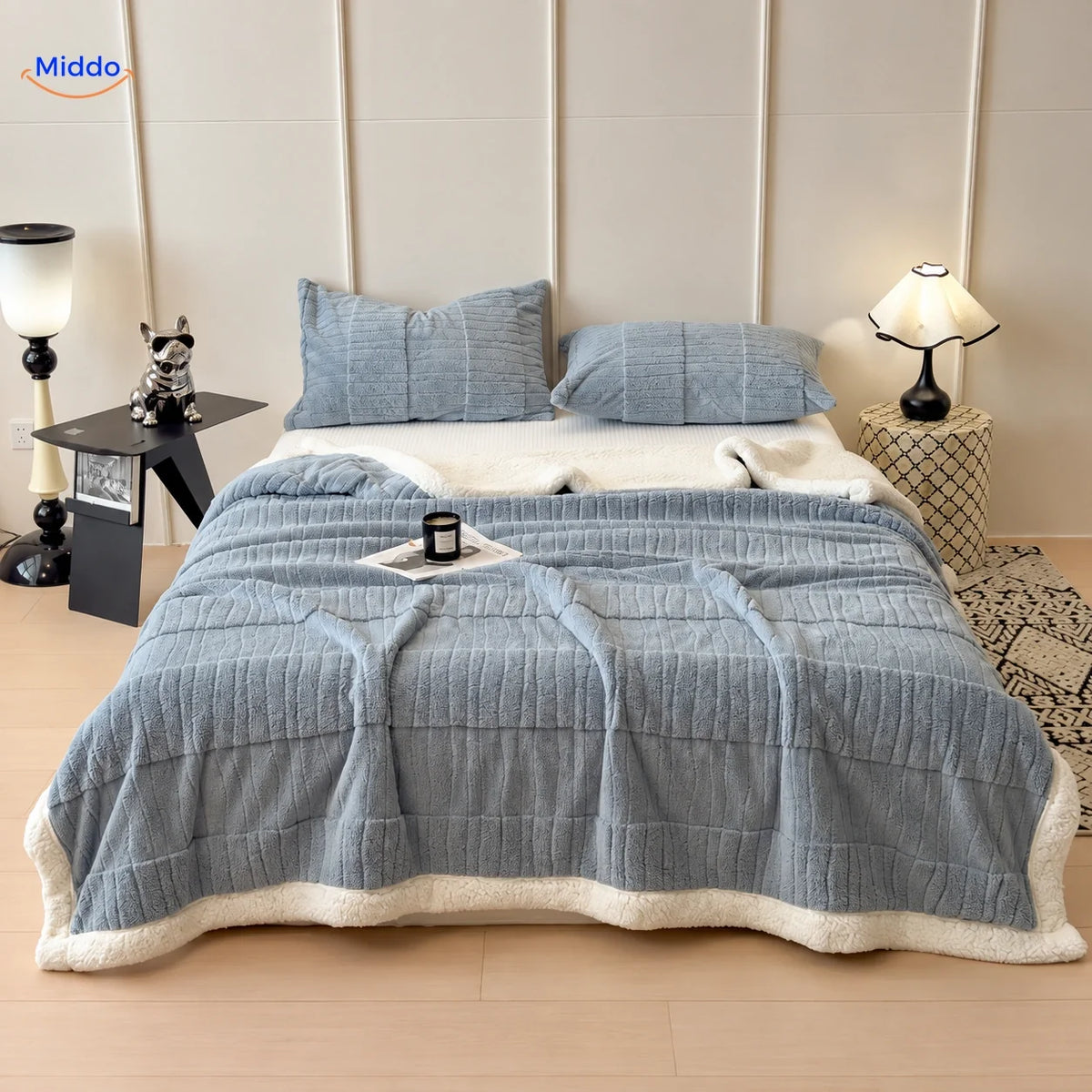 Winterra throw blanket with wave texture in blue gray and soft fleece reverse