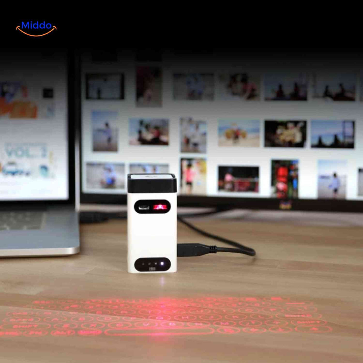 Compact wireless laser keyboard with USB charging connection.