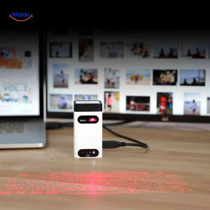 Compact wireless laser keyboard with USB charging connection.