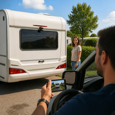 Family using wireless backup camera and dashcam system while towing a caravan for safe reversing.