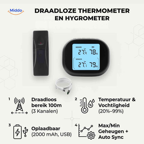 Wireless thermometer-hygrometer set with main LCD display and remote sensor.