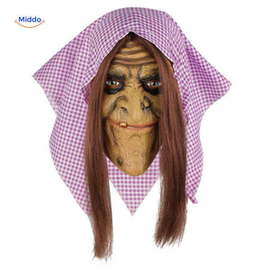 Scary witch Halloween mask featuring long brown hair.