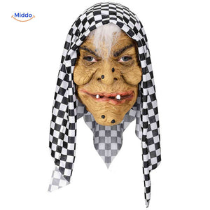 Witch Halloween mask with geometric block pattern design.