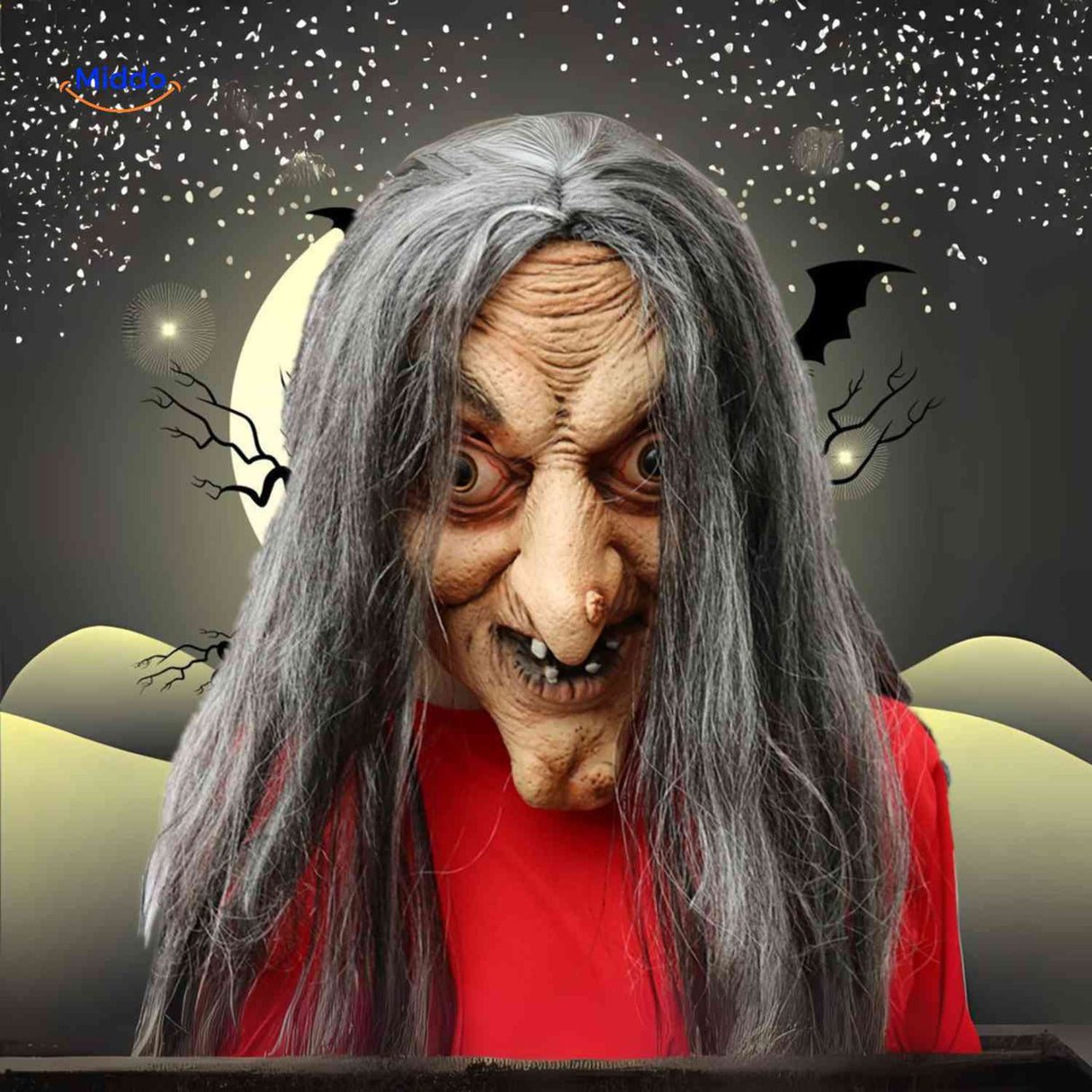 Classic witch mask with long gray hair and hooked nose for traditional look.