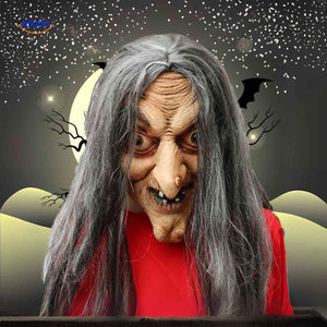 Classic witch mask with long gray hair and hooked nose for traditional look.