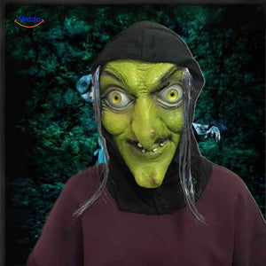 Green witch mask with yellow eyes and black hood for spooky costume.