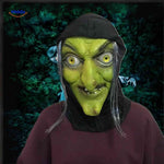 Green witch mask with yellow eyes and black hood for spooky costume.