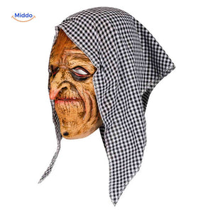 Witch Halloween mask with red plaid scarf accessory.