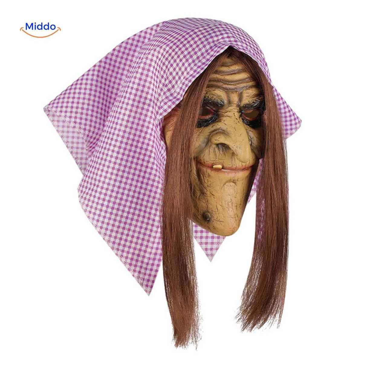 Witch mask with purple scarf and flowing long hair.