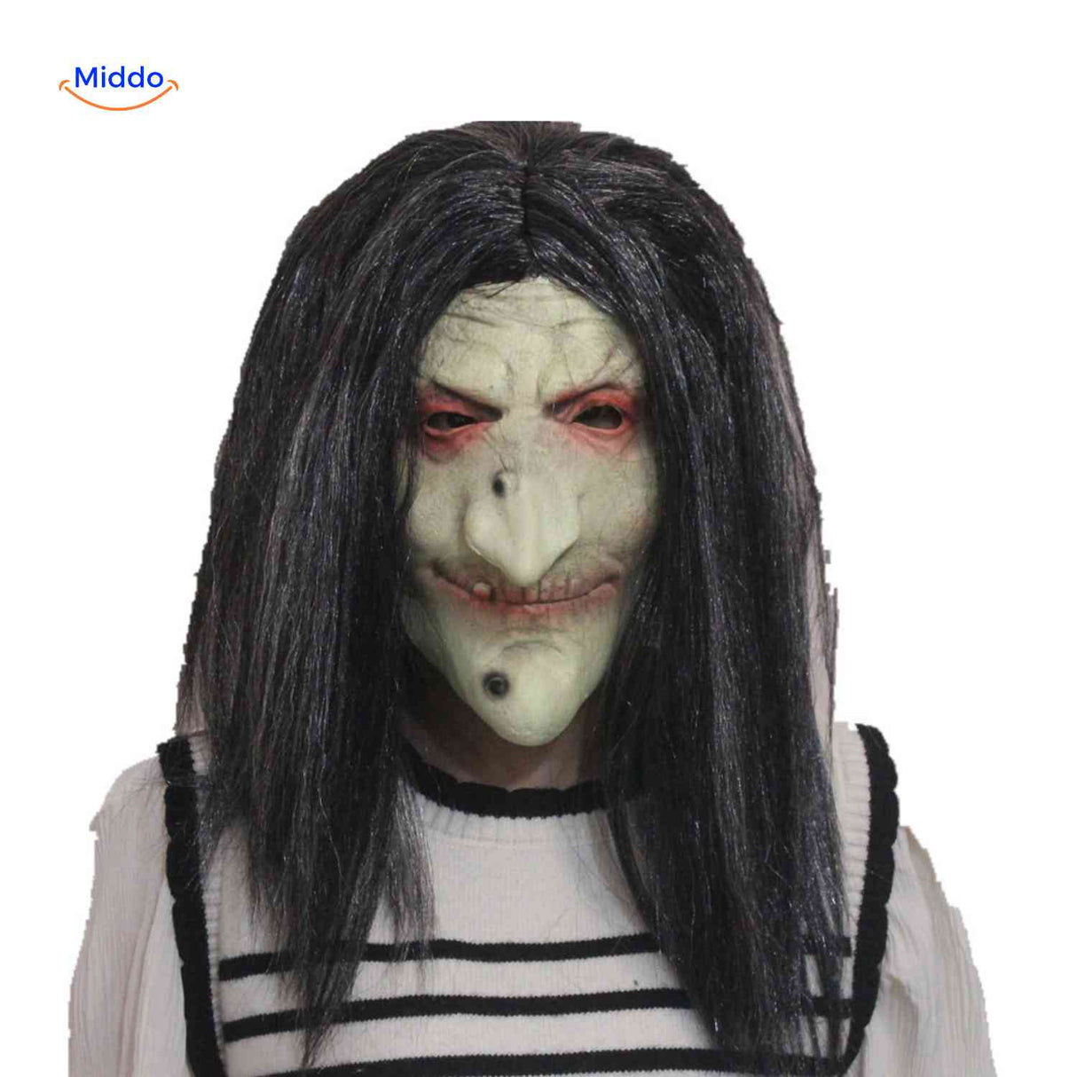 Witch mask with sharp nose and red eyes for classic spooky costume.