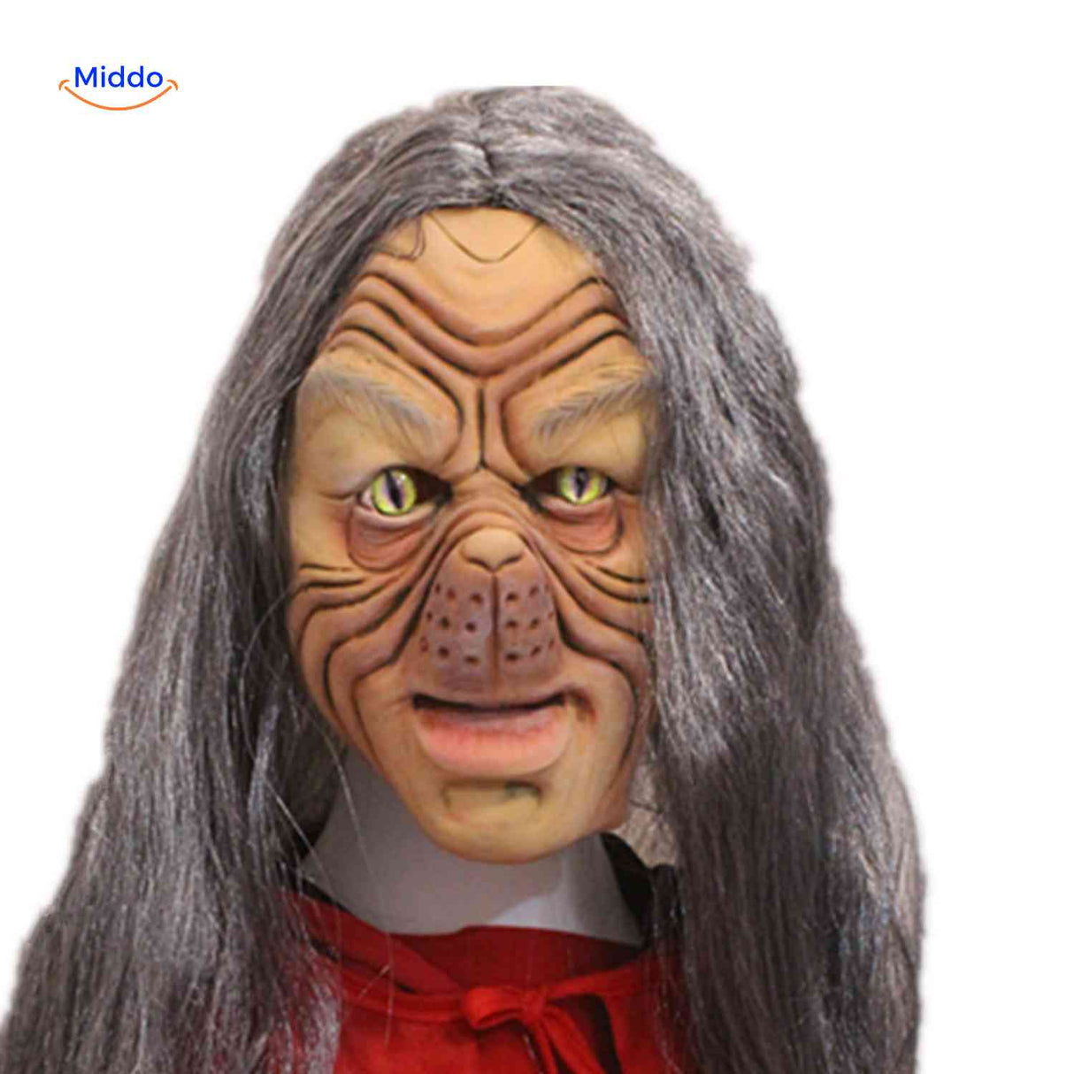 Warty witch mask with green cat-like eyes for creepy appearance.