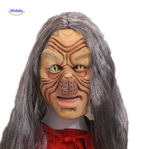 Warty witch mask with green cat-like eyes for creepy appearance.