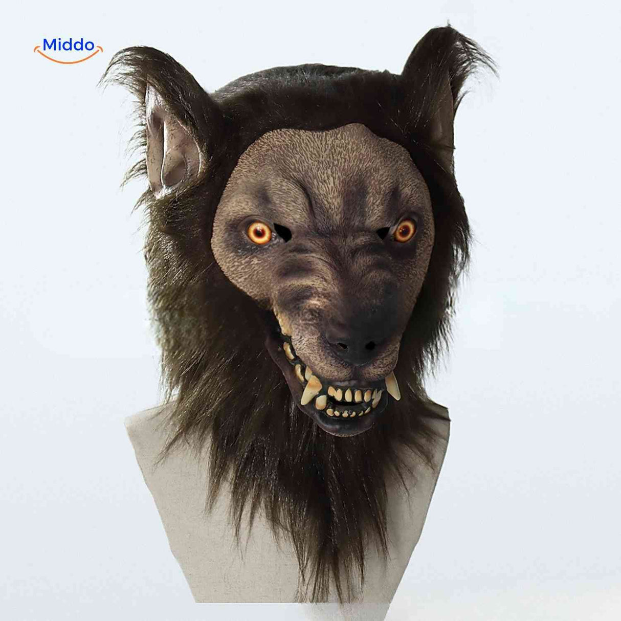 Wolf mask worn as part of complete Halloween costume and creepy werewolf look.