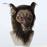 Wolf mask worn as part of complete Halloween costume and creepy werewolf look.