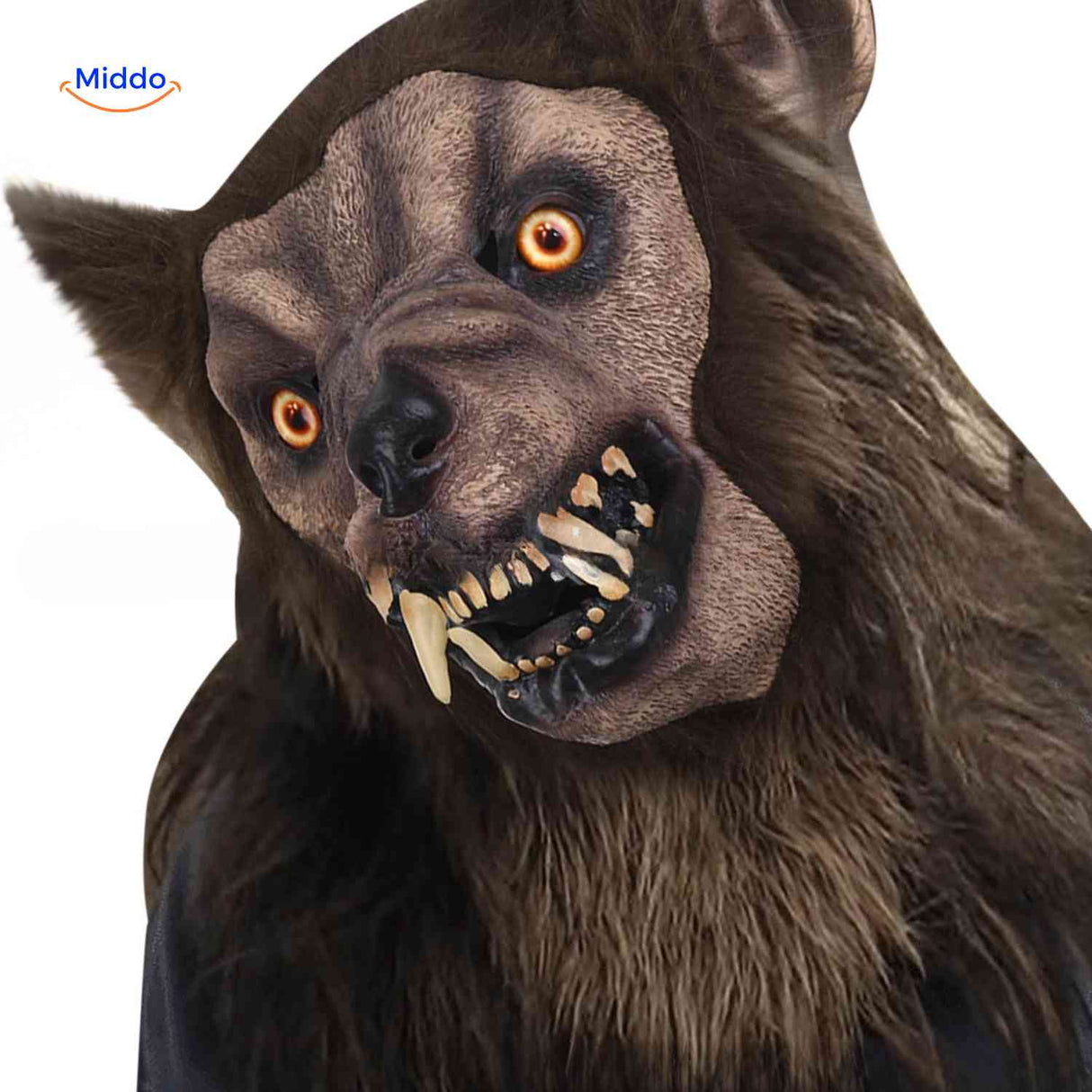 Close-up of spooky wolf mask revealing detailed teeth and scary expression.