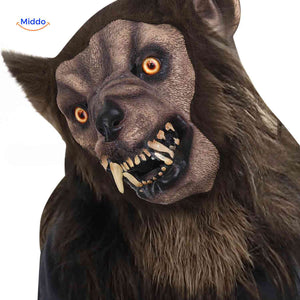 Close-up of spooky wolf mask revealing detailed teeth and scary expression.