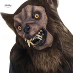Close-up of spooky wolf mask revealing detailed teeth and scary expression.