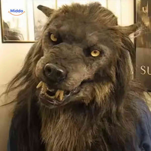 Realistic glow-in-the-dark latex wolf head mask with detailed facial features for Halloween.